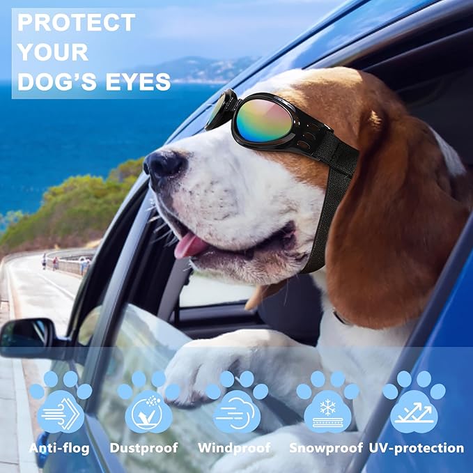 QUMY Dog Sunglasses Dog Goggles for Medium Large Breed Dogs, Wind Dust Fog Protection Eye Wear Pet Glasses with Adjustable Strap for Motorcycle Car Driving Bike Riding Hiking Swimming Over 15lbs Red