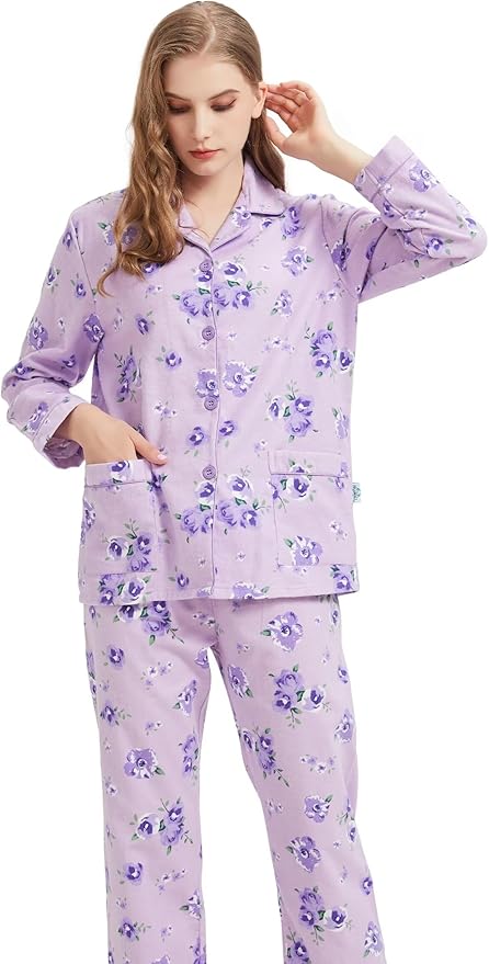 GLOBAL Flannel Pajamas for Women 2-Piece Comfy and Cozy Flannel Pj Set Cotton Loungwear