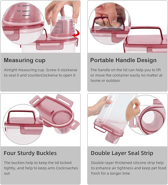 3-5Lbs Small Cat Dog Food Storage Containers BPA Free, Airtight Pet Food Storage Containers with Large Pour Spout/1 Measuring Cup/ 4 Safety Locks and double-layer silicone strip (Clear PInk&1)