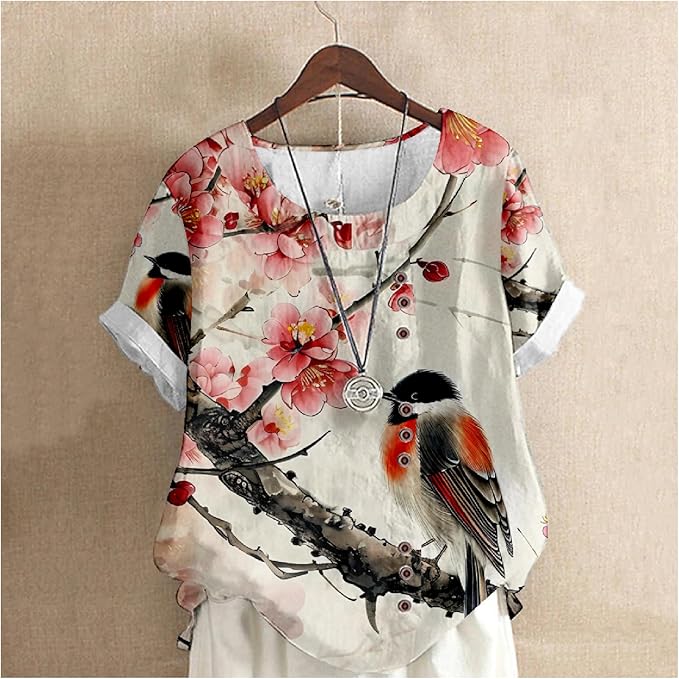 Japanese Print Women Summer Shirts Flower Bird Graphic Plus Size Tunic Tops Crewneck Short Sleeve Blouses