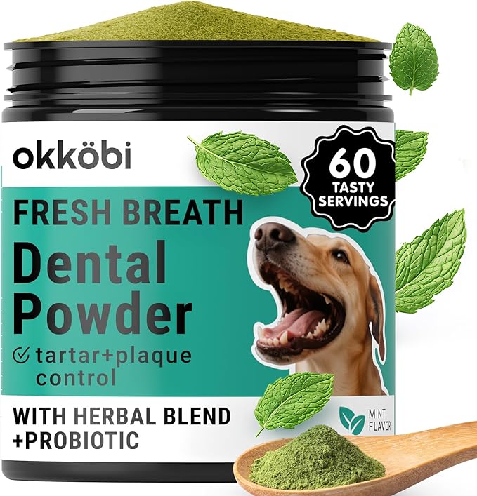 Dog Teeth Cleaning Powder - Dog Breath Freshener + Dental Care for Doggies & Cats + Tartar Remover for Teeth with Natural Ingredients + Probiotics Blend (Mint - 200g)