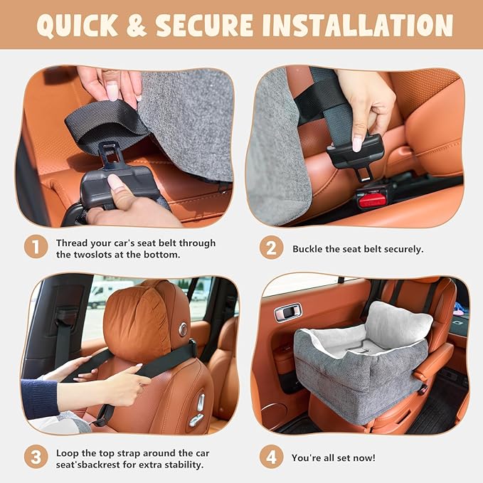 Avont Dog Booster Car Seat for Small/Medium Dogs Under 30 lbs, Detachable Washable Puppy Doggie Elevated Carseat Travel Bed for Car, Thick Cushion -Grey