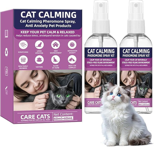 Cat Calming Pheromone Spray Kit Feline Calm Pheromones Vet Recommended Drug-Free Anxiety Relief for Multi-Cat Homes,Stops Scratching & Urine Marking,60-Day Supply | Drug-Free (2 * 60 mL)