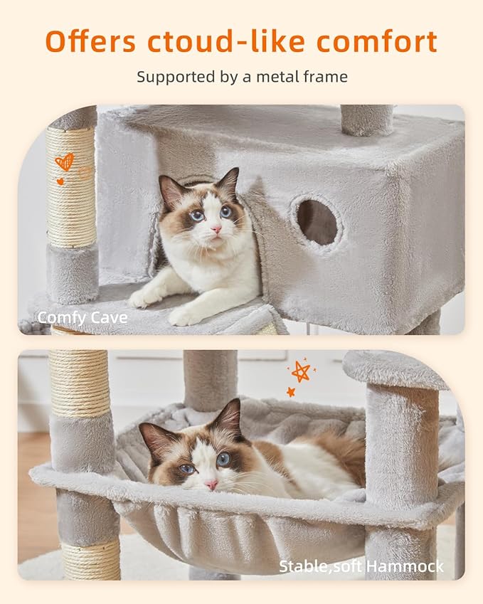 Taoqimiao Cat Tree 57.5-Inch, Cat Tower for Indoor Cats Large Adult, Extra Large Cat Condo, 8 Sisal Scratching Posts, Metal Frame Cozy Hammock, Durable Scratch Board, 2 Top Perches, Light Gray MS026W