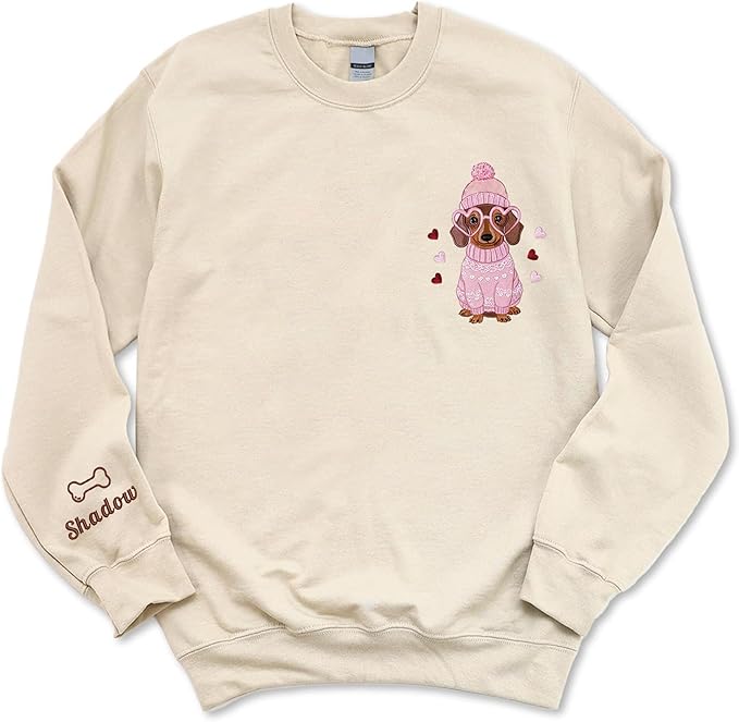NAZENTI Embroidered Dachshund Sweatshirt with Dog Name on Sleeve, Personalized Valentines Dog Mom Shirt, Wiener Dog Gifts