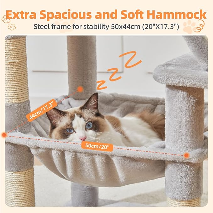 Taoqimiao Cat Tree 57.5-Inch, Cat Tower for Indoor Cats Large Adult, Extra Large Cat Condo, 8 Sisal Scratching Posts, Metal Frame Cozy Hammock, Durable Scratch Board, 2 Top Perches, Light Gray MS026W