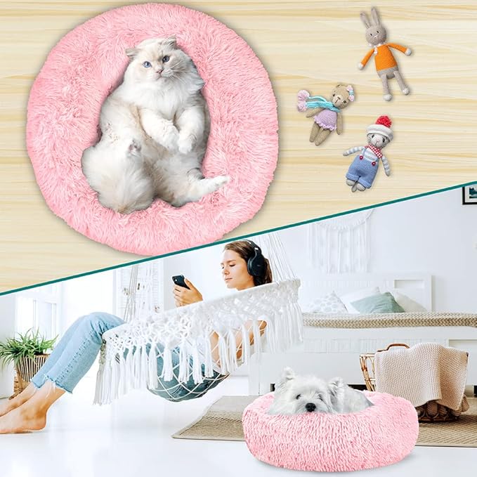 PetAmi Calming Dog Bed for Small Medium Dog Cat, Round Donut Dog Bed Washable, Fluffy Faux Fur Plush Cuddler Pet Kitten Cushion Bed, Anti-Slip, Fits up to 25 lbs, 23 inch, Pink