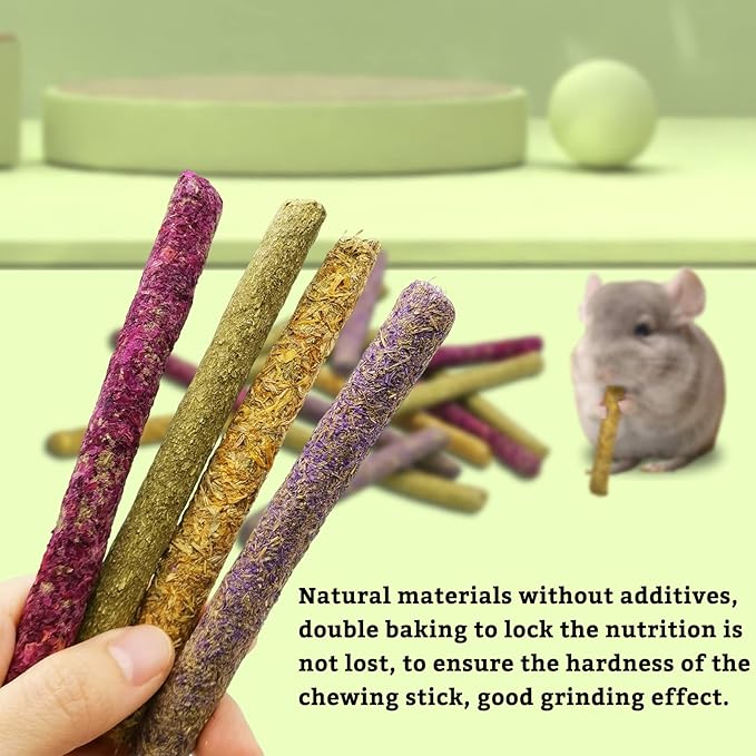 Fhiny 68 PCS Rabbit Chew Sticks, Natural Petals Timothy Hay Sticks Guinea Pig Chewing Toys for Teeth Small Animals Molar Snacks for Bunny Guinea Pig Chinchilla Hamster