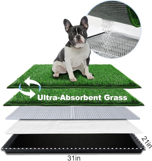 Dog Grass Pad with Tray Medium 31”×21”, Dog Potty with Ultra-Absorbent Artificial Grass for Dogs with Hemmed Edge, Pee Pads for Dogs, Realistic, Odor Free, Litter Box for Balcony