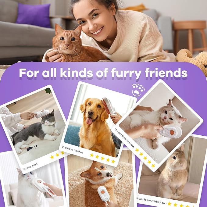 Cat Steam Brush for Shedding, 4 in 1 Rechargeable Steam Brush for Cats and Dogs, Anti-Static, Massage, Cleaning, Shedding & Combing All In One! (purple)