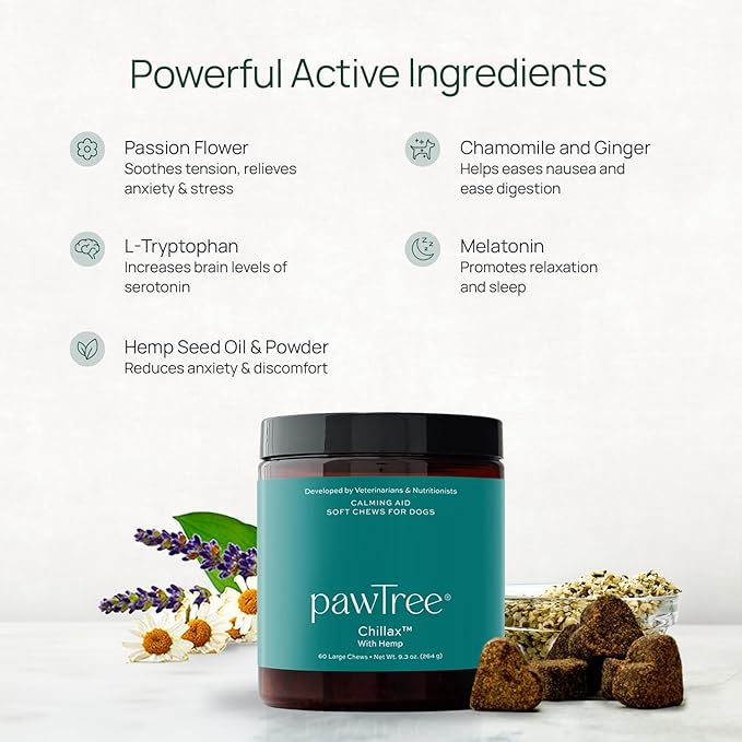 pawTree Chillax - Natural Calming Hemp Chews. Veterinarian-Developed Formula Helps Relieve Stress and Tension, Separation Anxiety and Soothe Fear from Storms - Large Soft Chews for Dogs (60 Count)