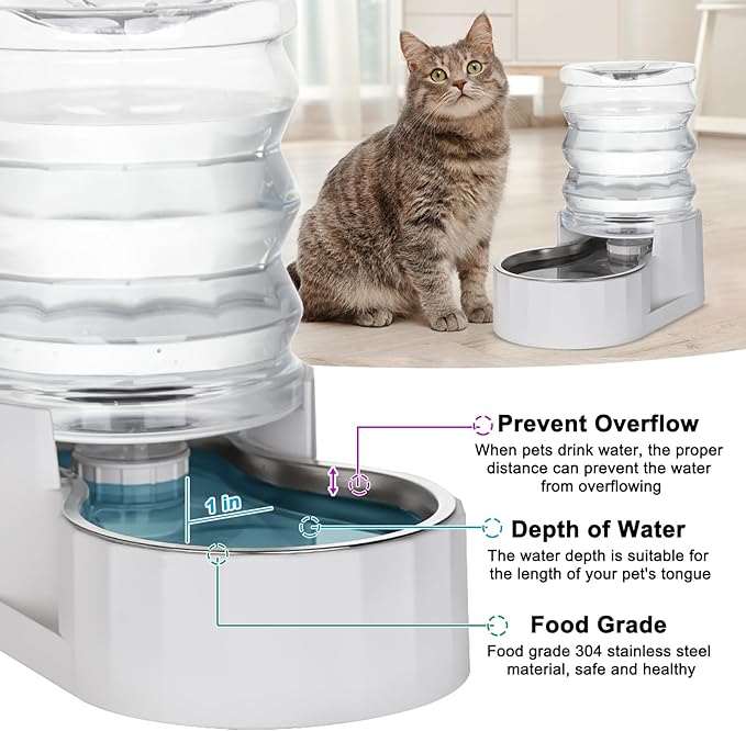 RIZZARI Gravity Water Bowl Dispenser: 4L Automatic Stainless Steel Water Feeder Without Filter - White Pet Waterer for Senior Dogs with Spine Problems - in Bedroom Garden