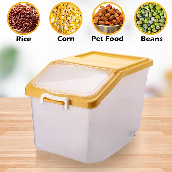 Sunnyray 4 Pcs Rice Storage Container 27.6 lb Airtight Flour Container with Wheels and Lids Measuring Cup Clear Pet Food Dog Birds Cat Food Bin Grain Cereal Organizer Box(Yellow)