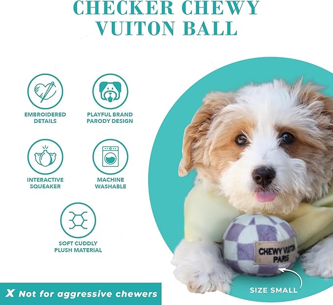 Haute Diggity Dog Checker Chewy Vuiton Ball, Plush Designer Dog Toys with Interactive Squeaker, Stimulating Pet Enrichment, Machine-Washable & Safe Materials for All Breeds, Size Medium