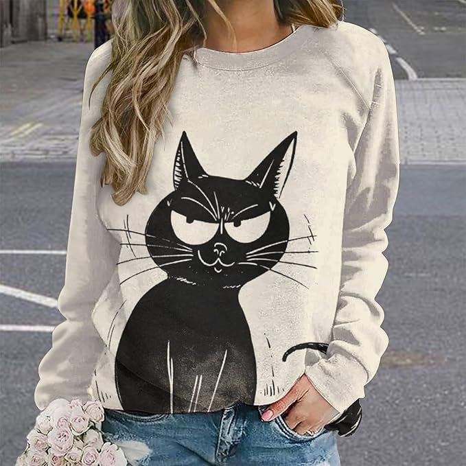 Womens Long Sleeve Tops Y2k Japanese Art Print Sweatshirts Fall Pullover for Women Crewneck Vintage Shirts Boho Tops