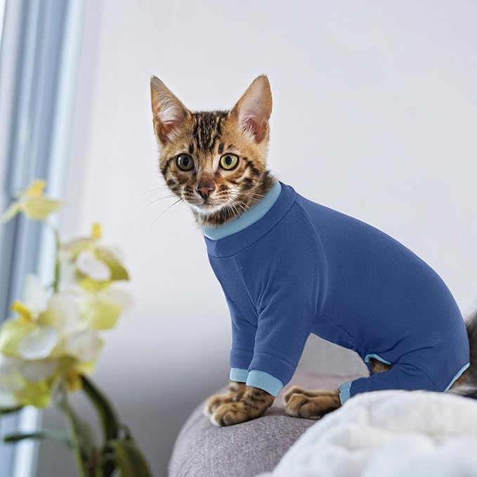 PUMYPOREITY Cat Hair Sticky Sweater, Recovery Suit - Breathable & Lightweight for Post-Surgery Protection, Cat Onsie Prevents Licking Wounds, Blue, 2XL