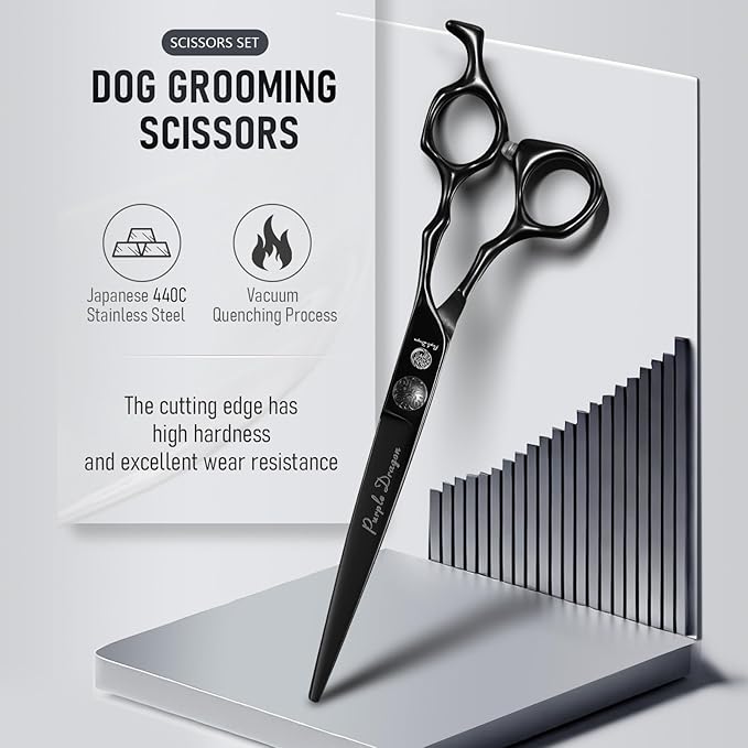 Purple Dragon Dog Grooming Scissors Set - Chunkers, Straight, Up & Down Curved Scissors and Comb, 7 Inch Black Shears with Adjustable Screw for Dogs and Cats