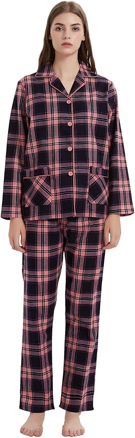 GLOBAL Flannel Pajamas for Women 2-Piece Comfy and Cozy Flannel Pj Set Cotton Loungwear
