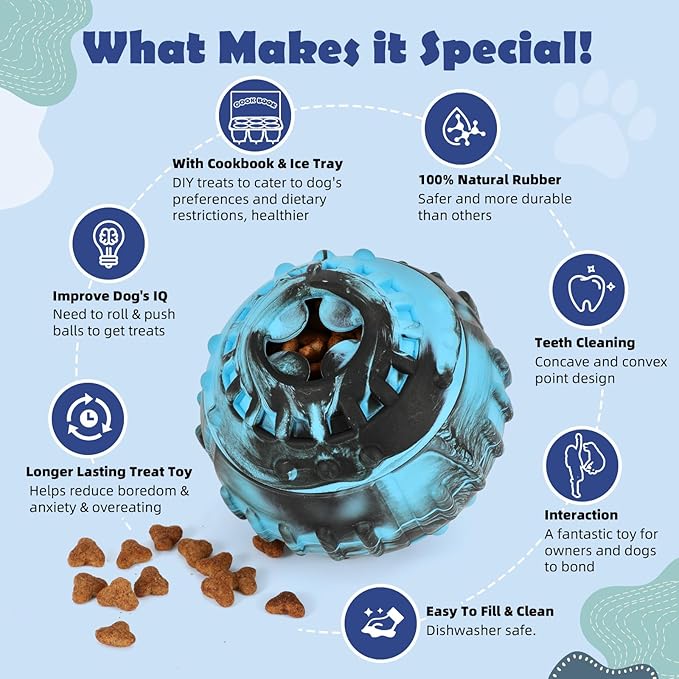 4-IN-1 Dog Toys - Frozen Dog Treat to Keep Them Busy, Treats Puzzle Ball Toy, Interactive Treat Dispensing Dog Toy, Durable Rubber Chew Toys, DIY Freezable Fillable Treat Toy, Mental Enrichment Toys