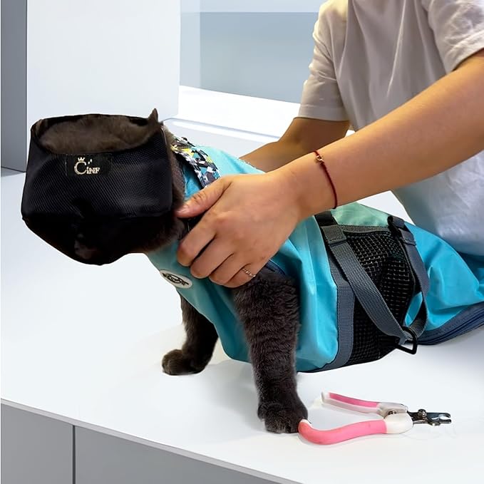 Cinf Cat Nail Clipping Cleaning Grooming Restraint Bag (Free Muzzle) Set No Scratching Biting for Bathing Nail Trimming Injecting Examining(Blue,L)