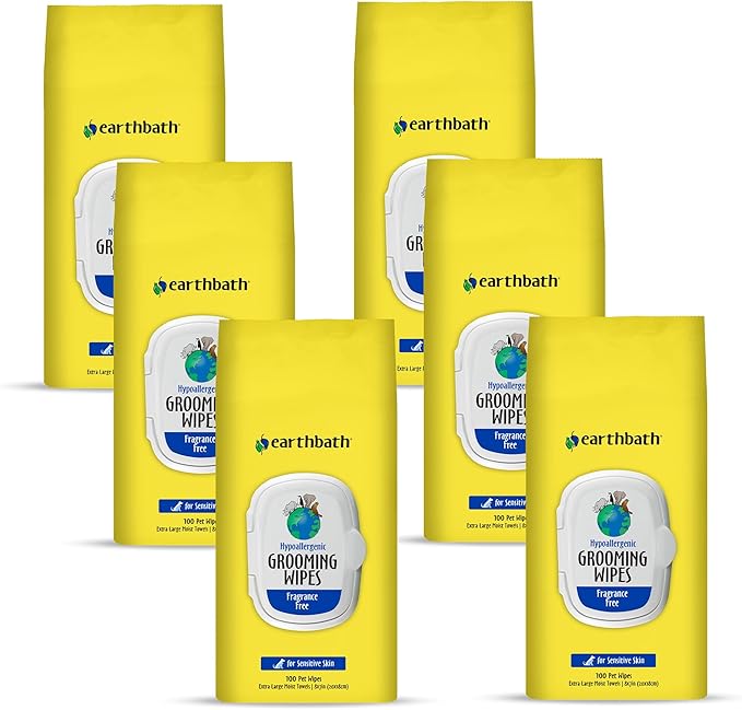 earthbath, Hypo-Allergenic Grooming Wipes - Fragrance Free Dog Wipes for Paws and Butt, Best Pet Wipes for Dogs with Sensitive Skin, Made in USA, Cruelty-Free Dog Cleaning Wipes - 100 Count (6 Pack)