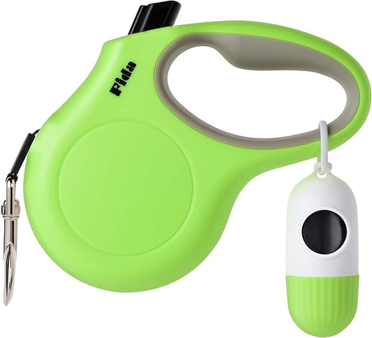 Fida Retractable Dog Leash with Dispenser and Poop Bags, 10 ft Pet Walking Leash for X-Small Dog or Cat up to 18 lbs, Anti-Slip Handle, Tangle Free, Reflective Nylon Tape (XS, Green)