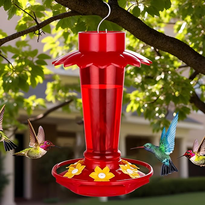 Plastic Hummingbird Feeders for Outdoors Hanging, 2 Pack 10 OZ Red Humming Bird Feeder with 6 Feeding Ports and Perch, Built-in Ant Moat, Gifts for Women Garden Decor