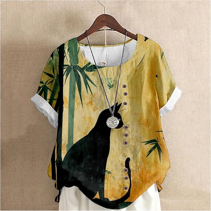 Japanese Print Women Summer Shirts Flower Bird Graphic Plus Size Tunic Tops Crewneck Short Sleeve Blouses