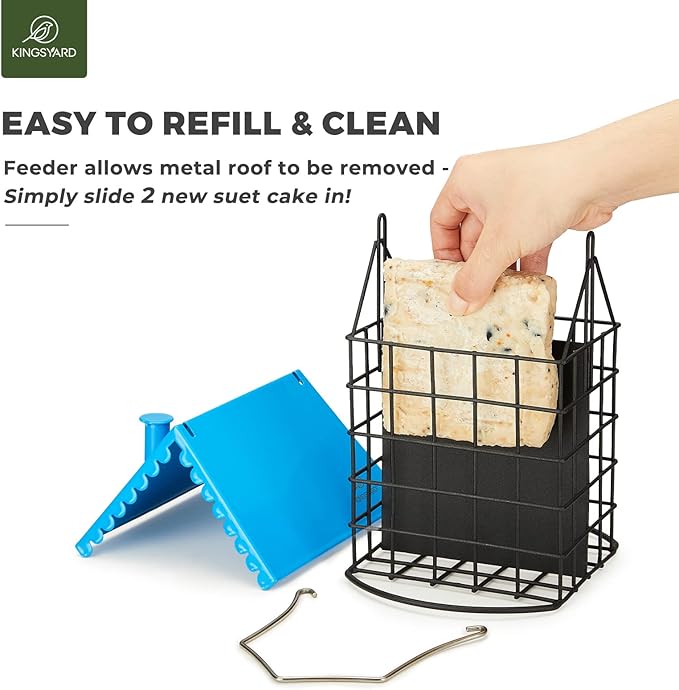 Kingsyard Double Suet Bird Feeder with Weatherproof Roof & Perch, All Metal, Suet Cakes Cage Bird Feeder for Outdoors Hanging, Easy to Clean & Refill, Blue