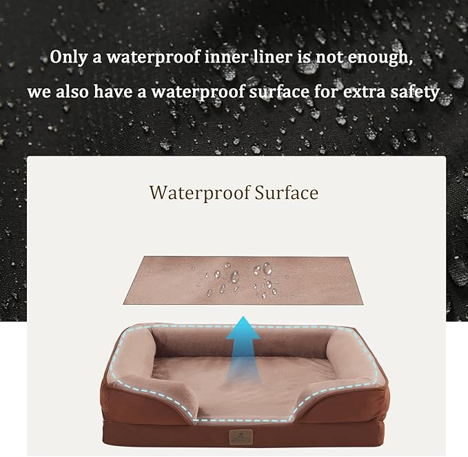 Bedfolks Orthopedic Dog Bed, Waterproof Dog Sofa Bed for Extra Large Dogs, Egg Foam Pet Couch Bed with Removable Washable Cover and Nonslip Bottom, Brown