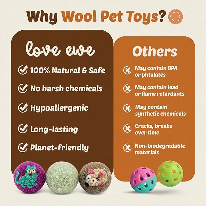 Hustle & Blush Wool Felt Balls - 3 Pack Love Ewe Pet Supplies – 2in Colorful & Durable Cat Toys Handmade from New Zealand, Ideal for Indoor Play and Mental Stimulation – Cat & Mouse Design
