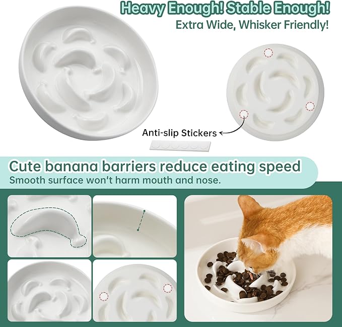 Ceramic Cat Slow Feeder Bowl - Pastel Series Cat Plate for Dry and Wet Food - Cute Maze Feeder Dish for Healthy Eating - Dishwasher Safe - 6.3''W x 1.2''H - 7 OZ - Ivory White