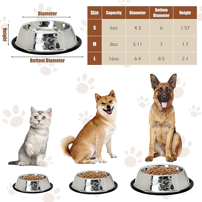 Fhiny 8Pcs Stainless Steel Dog Cat Bowl with Rubber Base Pet Food and Water Feeder Bowls Stackable Non-Slip Dish Plate for Small Medium Animals Puppy Kitten Rabbit-Two Paw Patterns