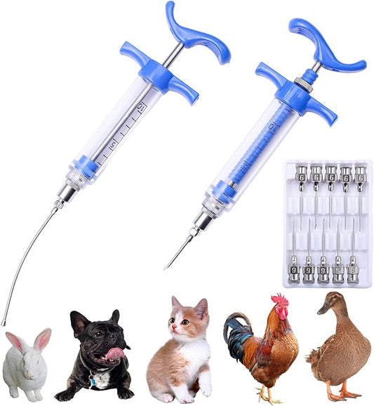 2Pcs 10ML Livestock Syringe, Reusable Adjustable Goat Drench Syringe, with 1 Drench Nozzle 10 Needles, Suitable for Small Poultry And Birds Such As Chickens, Ducks, Cats, Dogs, Etc