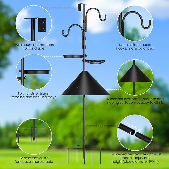 Bird Feeder Pole with Squirrel Proof Baffle,92 Inch Adjustable Double Shepherds Hook,Heavy Duty Hanging Bird House Pole Stand for Outdoors,Hummingbird Bird Bath Feeder Tray for Outside, Yard, Garden