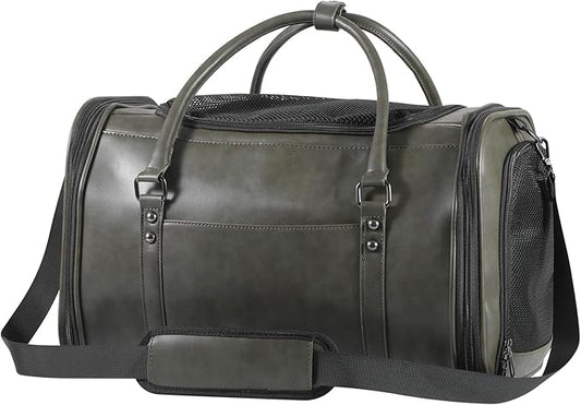 Stylish Leather Pet Carrier for Small Dogs and Cats Up to 15 lbs, Airline Approved Lightweight Travel Tote with Breathable Mesh and Shoulder Strap Green