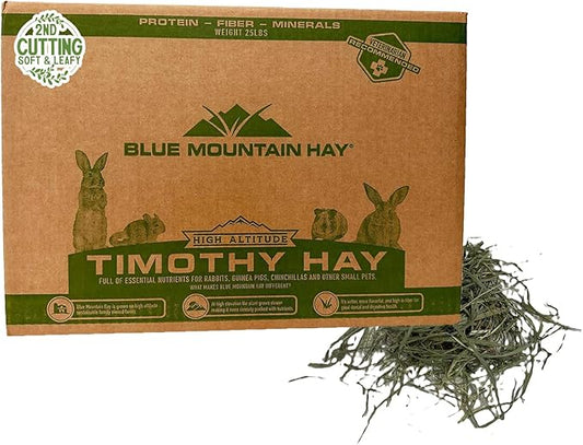 Blue Mountain Hay | Fresh 2nd Cutting Timothy Grass Hay (25 Pounds) | Soft & Leafy, Balanced Nutrition | High-Altitude Hay Pet Food for Adult Rabbits, Guinea Pigs, Chinchillas, and Other Small Pets