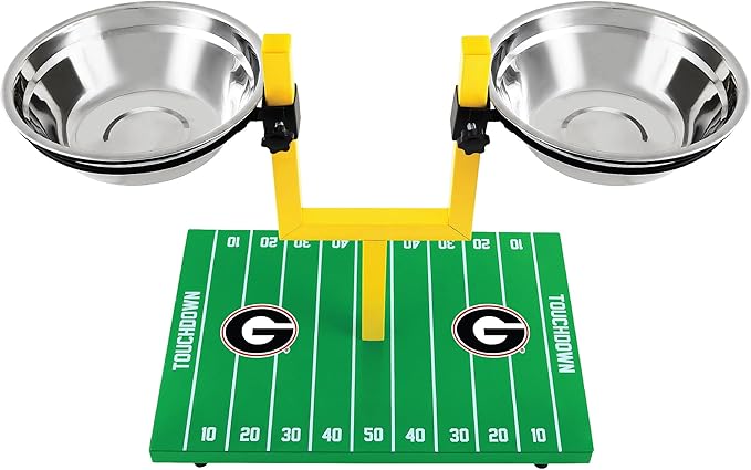 NCAA Georgia Bulldogs Goalpost Football Field Dog Feeder – Adjustable Elevated Dog Bowls with Stand, 2 Stainless Steel Bowls, Non-Slip Rubber Feet, Raised Pet Feeder for Large & Small Dogs