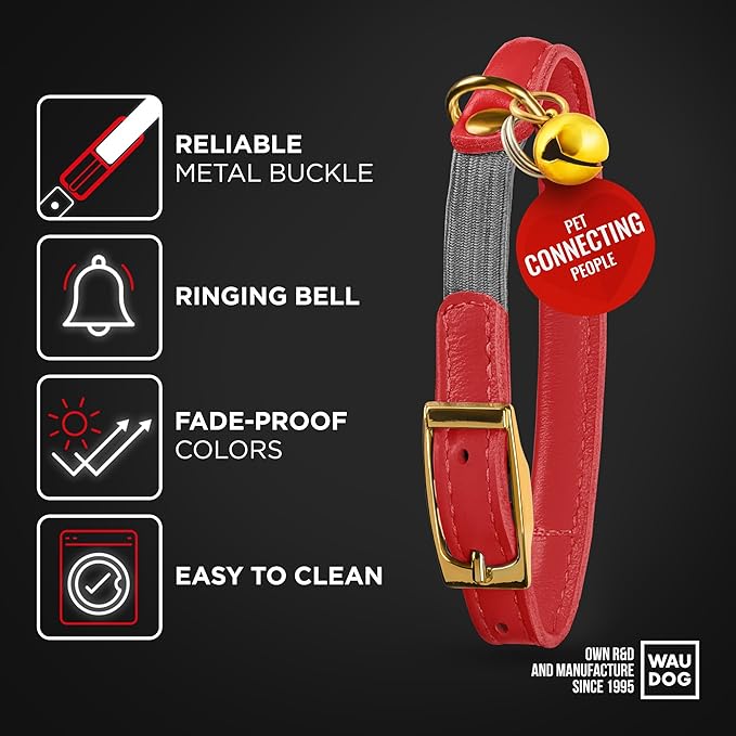 WAUDOG Ultra Soft Rolled Leather Cat Collar with Removable Bell, Safety Elastic Strap and QR ID Tag - Soft Padded for Small, Medium, and Large Cats - Round Kitten Collar for Male and Female Cats