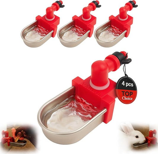 Heavy Duty Large Auto Metal 4 Pack Chicken Water Cups Chicken Waterer Cups for Poultry Rabbit Watering System and Small Animals Leak Proof Stainless Steel Fits 5 Gallon Bucket and PVC Pipes