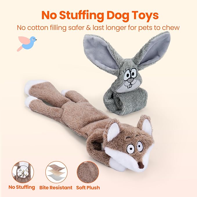 HGB No Stuffing Dog Toys for Aggressive Chewers, Squeaky Crinkle Plush Dog Toys to Keep Them Busy & Puppy Teething for Small, Medium, Large Breed, Cute Bunny & Redfox