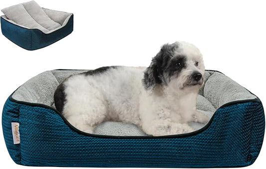 Miguel Dog Bed with Removable Cushion/Pillow for Medium Small Dogs, Washable Pet Bed with Side Easy to Wash Puppy Bed, Large Rectangle Cat Bed for Indoor Cat with Anti-Slip Bottom, Blue 25 Inch