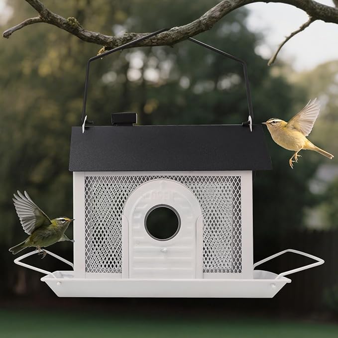 Bird Feeder House for Outdoors – White Metal Hanging Bird Feeder, Decorative Bird House Feeder for Cardinals, Finches, and Wild Birds, Weatherproof Backyard Garden Decor