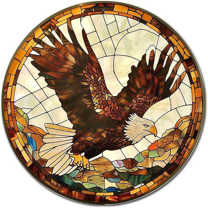 Lygond Metal Sign Tin Sign Circular Stained Glass Eagle Metal Garden Signs for Pet 8×8 Inches