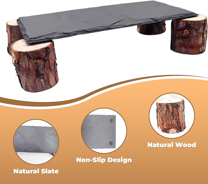 Bearded Dragon Basking Platform, Slate Rocks for Reptiles with Wooden Pile, Leopard Gecko Hides and Caves, Reptile Tank Accessories for Bearded Dragons, Geckos, Ball Pythons, Tortoise (Black, Small)