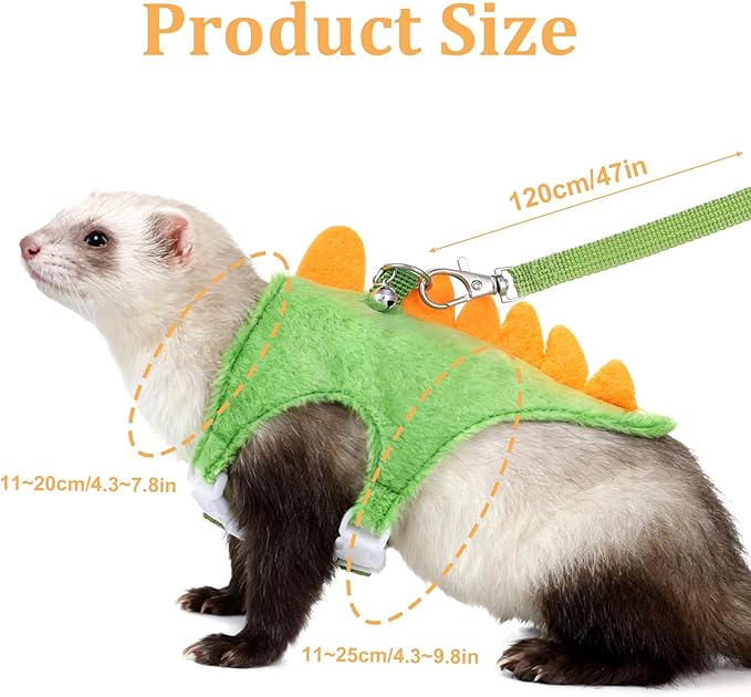 Ferret Harness and Leash Set Dinosaur Shaped Small Pet Harness and Leash Set with Safety Bell, Adjustable Vest for Ferret, Hedgehog, Guinea Pig, Rabbit and Other Small Animals