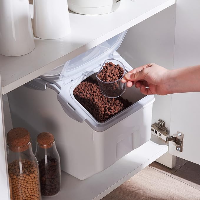 HANAMYA 15 Liter / 30 lbs Rice Storage Container with Measuring Cup, BPA free, For Rice | Grain | Pet Food | Flour, 1 count, White & Gray