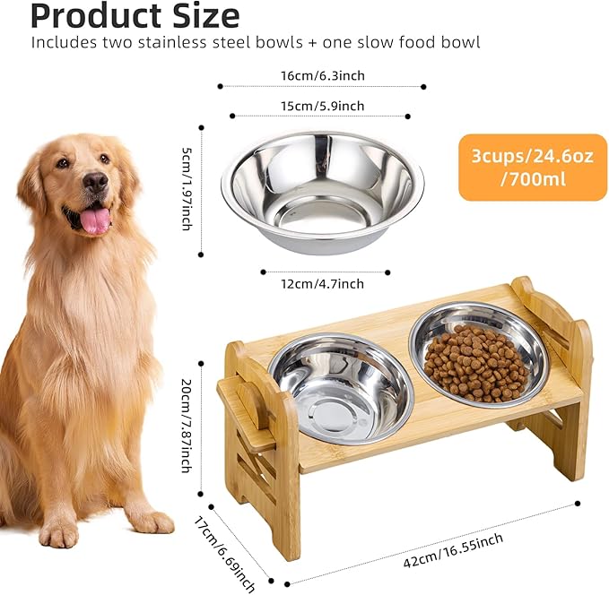 Elevated Dog Bowls, Adjustable Raised Dog Bowl Stand with 2 Stainless Steel Dishes and 1 Slow Feeder Bowl, Durable Bamboo Dogs Feeding Station for Small Medium Dogs/Cats