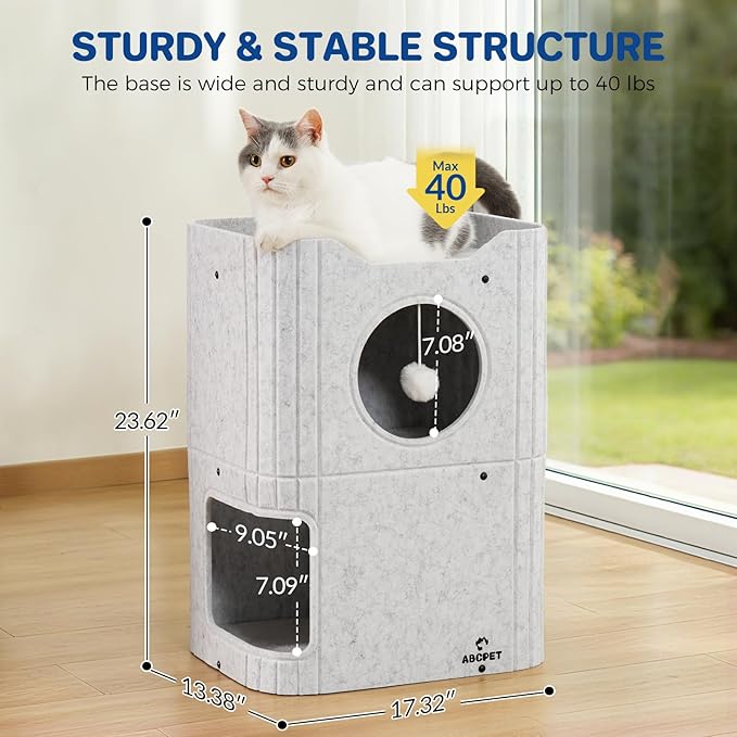Cat House for Indoor Cats Large Cat Bed Cave 2-Storey Cats Condo with Cozy Felt Covered Hideaway for Multiple Pets Light Gray