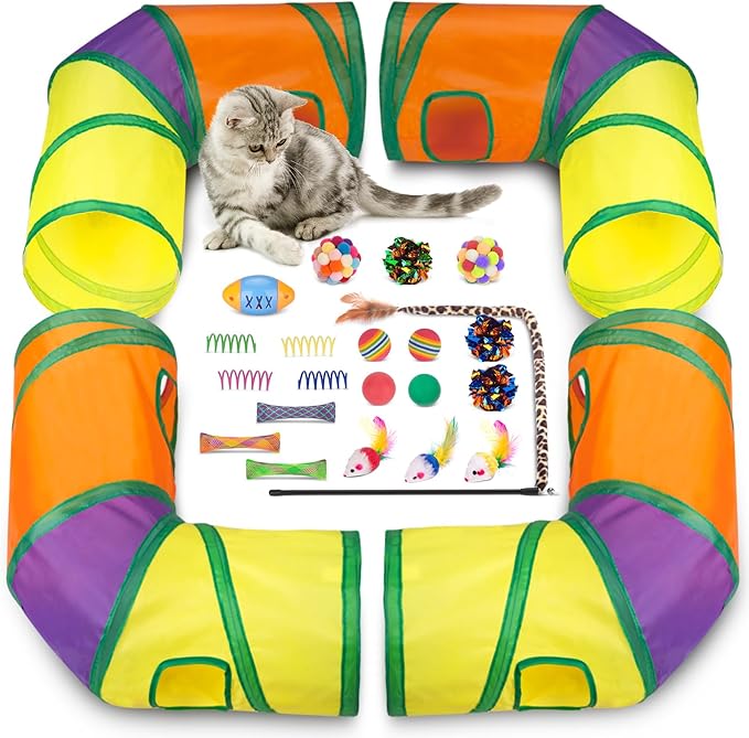 Retro Shaw Cat Tunnels with Cat Toys Pack, Interactive Kitten Toys for Indoor Cats Kitty, Kitten Tube Tent Feather Wand Teaser Bell Fuzzy Ball Springs Mouse (25 Pcs Extra Large Cat Tunnel Toys Set)